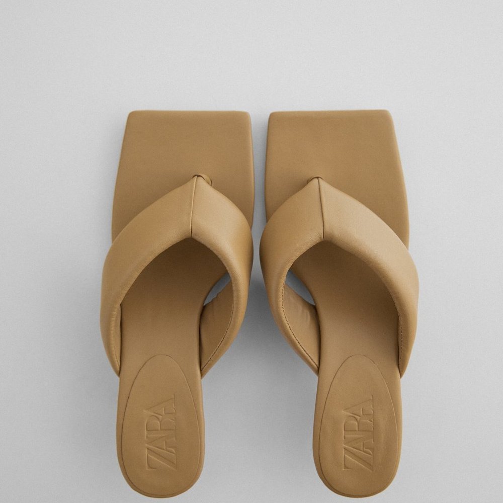 NEW ZARA LEATHER KITTEN HEEL QUILTED SANDALS SZ-8